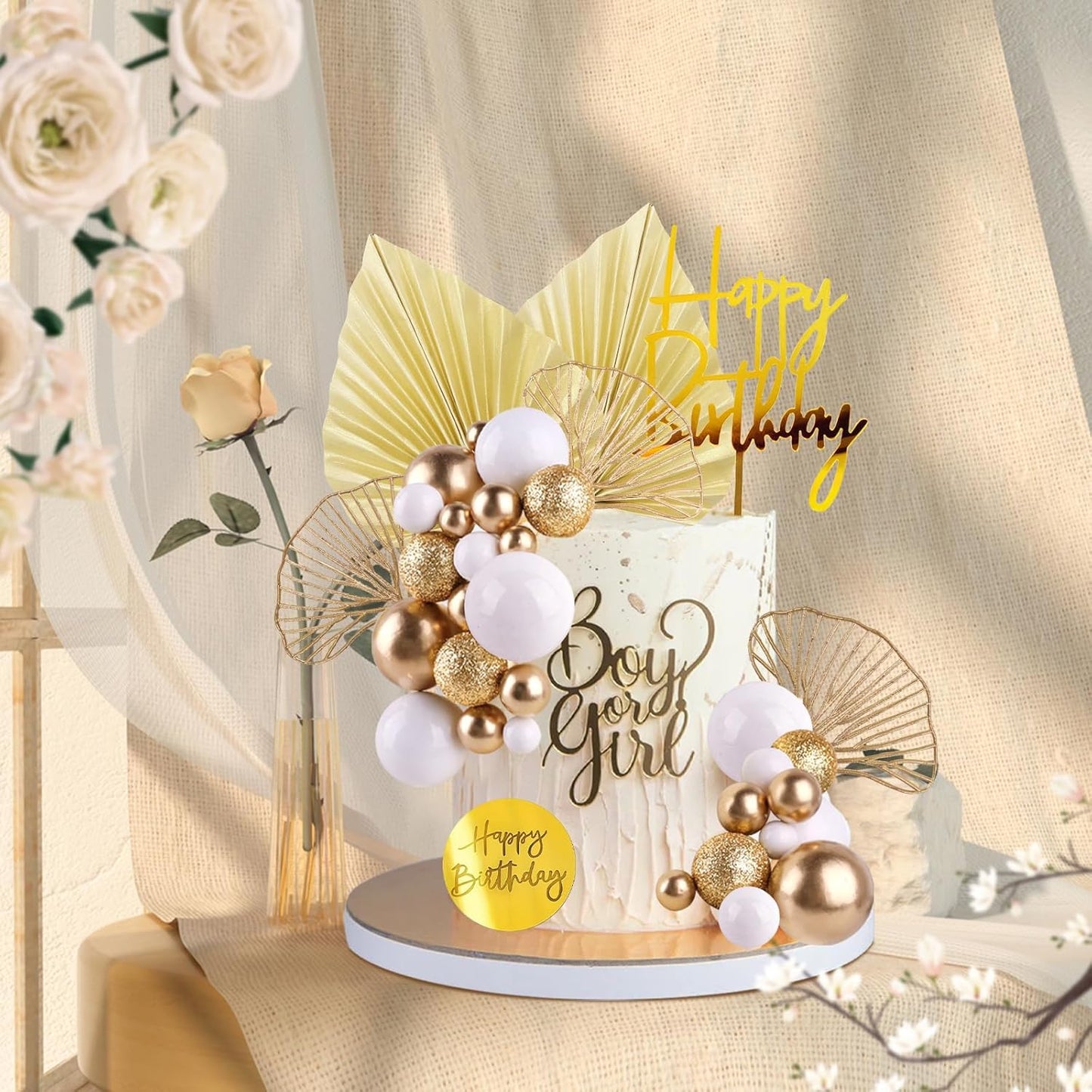 MEMOVAN White Gold Balls Cake Toppers Champagne Rose Cake Decoration with Gold Palm Leaves Boho Birthday Cake Decoration Balloon Cake Insert for Birthday Bohemian Wedding Baby Shower Party
