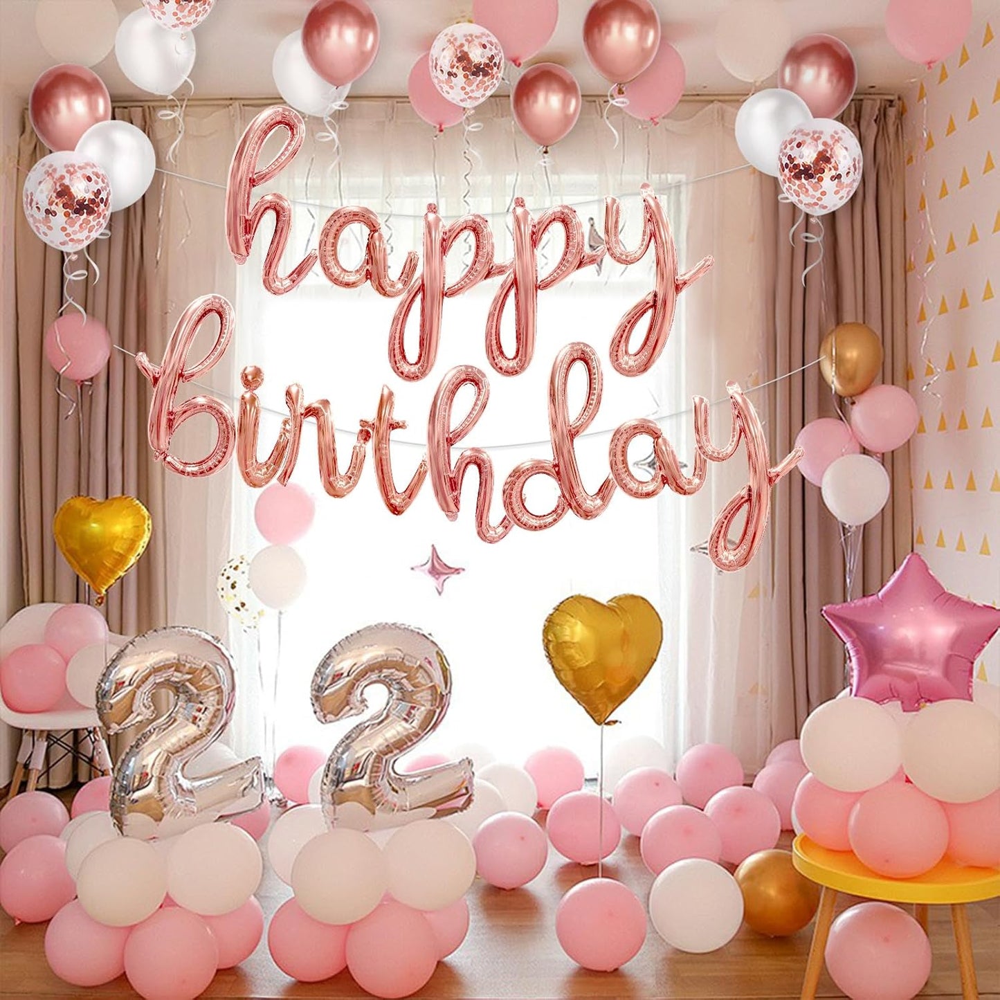 Rose Gold Happy Birthday Balloons Banner, 25 pcs Cursive Letters Balloons Sign with Latex Balloons, Pink Happy Birthday Banner, Rose Gold Happy Birthday Party Decorations for Women Gril Birthday Decor