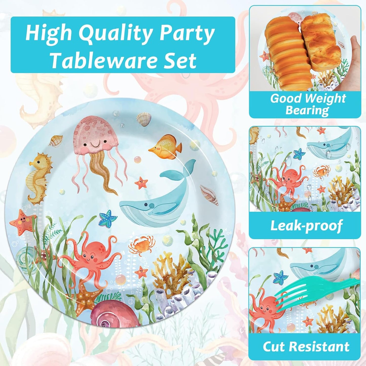 gisgfim 50 Guests Under the Sea Party Decorations Plates and Napkins Ocean Animals Birthday Paper Plates Napkins Tableware Set Underwater Sea Life Party Supplies for Birthday Baby Shower 200Pcs