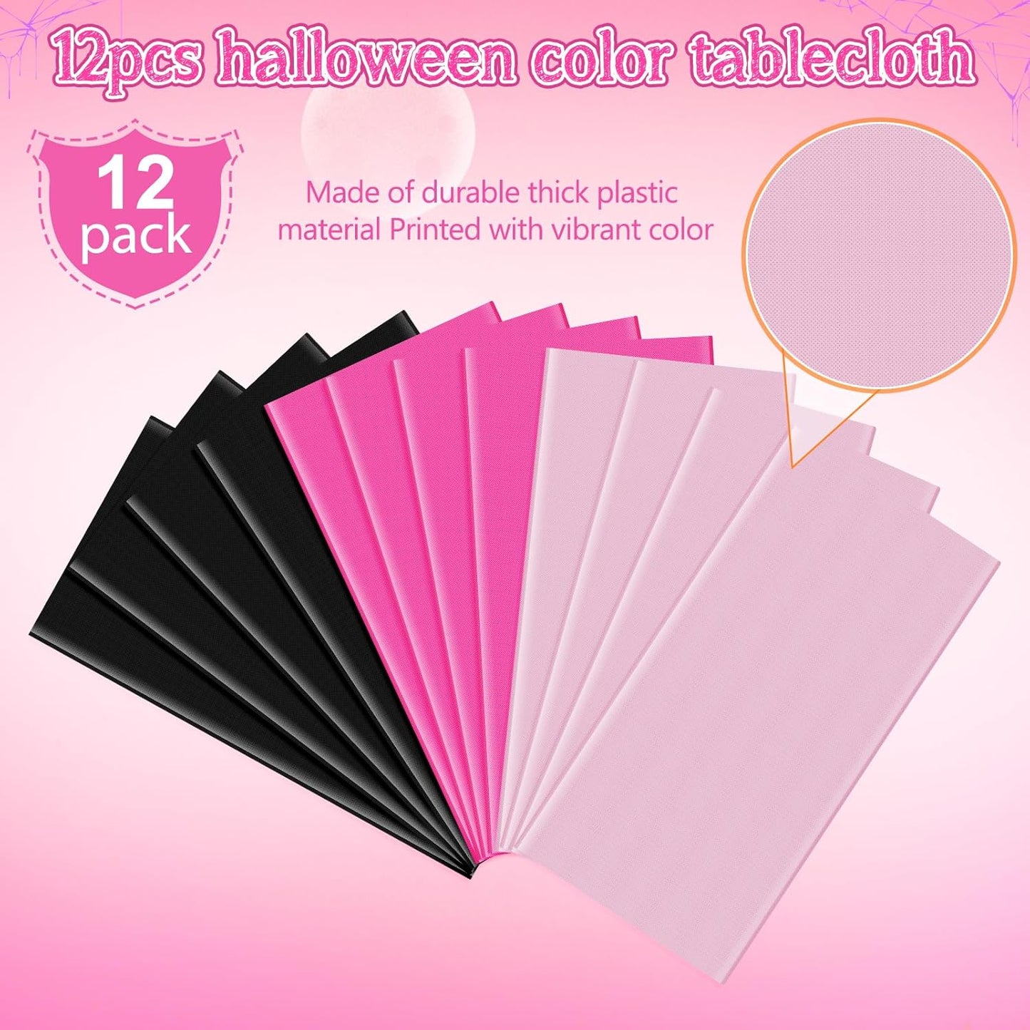 12 Pack Halloween Pink and Black Plastic Tablecloth for Round Tables, Pink Black Disposable Table Cover, Round Table Cloth for Girls Halloween Baby Shower Birthday Party Supplies Decorations