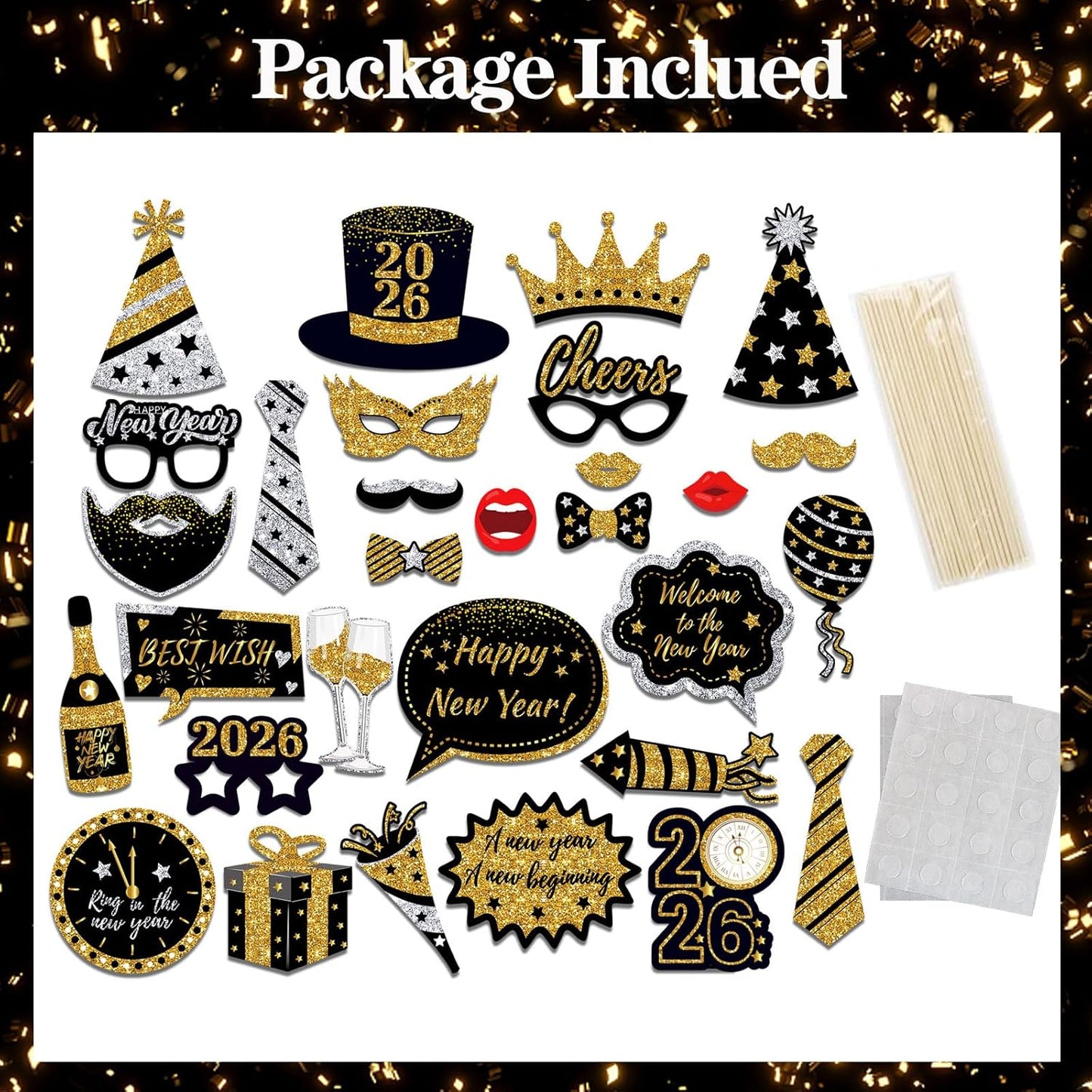 New Years Eve Photo Booth Props 2026, 30 Pcs Black Gold and Silver Funny New Years Eve Party Photo Booth Props for Happy New Year 2026 Party Decorations