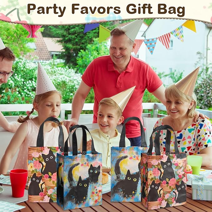 Wovnet 30 Pcs Spring Black Cat Gift Bags with Handles Kitty Flowers Theme Tote Bags Reusable Non Woven Floral Party Favors Goodie Treat Bag for Cat Lover Gifts Aesthetic 10 x 8 x 4in