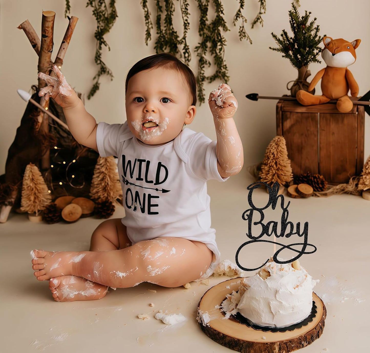 Oh Baby Cake Topper - Black Glitter Baby Birthday Party Cake Decoration Supplies, for Baby Shower/Gender Reveal Party Photo Booth Props