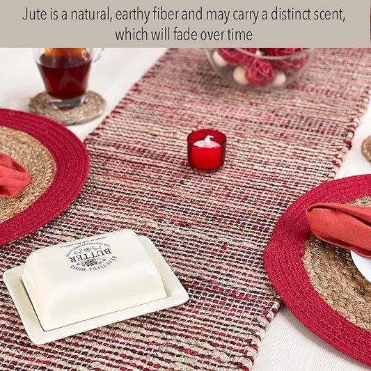 Chardin home Natural Jute Table Runner 13x72 Inch – Vintage Boho Rustic Table Decor – Handwoven Table Runner in Natural Jute and Red – Farmhouse Dining or Console Table Accent