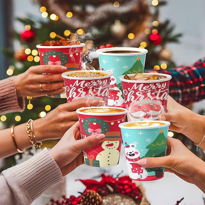 SIUQ 100 Pack 10 oz Christmas Disposable Coffee Cups, Thickened Christmas Paper Cups for Hot/Cold Beverage, Tea, Coffee, Hot Chocolate, Xmas Party Cup Ideal for Home, Cafes, Store, Holiday