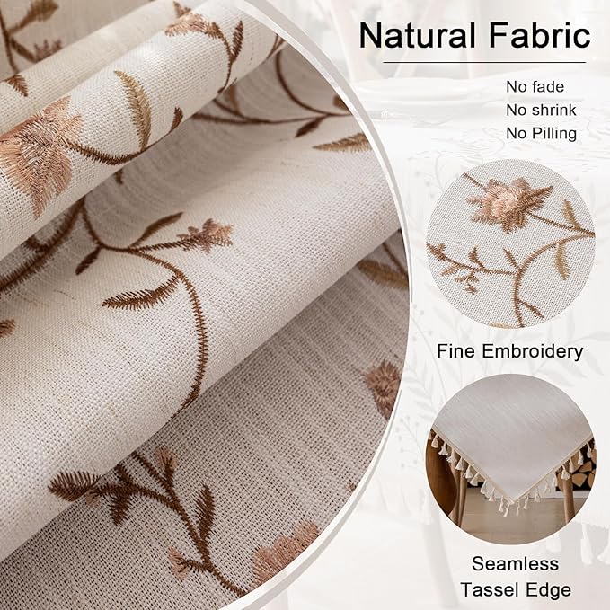 Joyfol Day Linen Waterproof Tablecloth with Tassels, Rustic Farmhouse Flowers Embroidery Table Cloths for Rectangle Tables, Heavy Weight Spill-Proof Table Covers, Coffee Florals, 55''x 120''