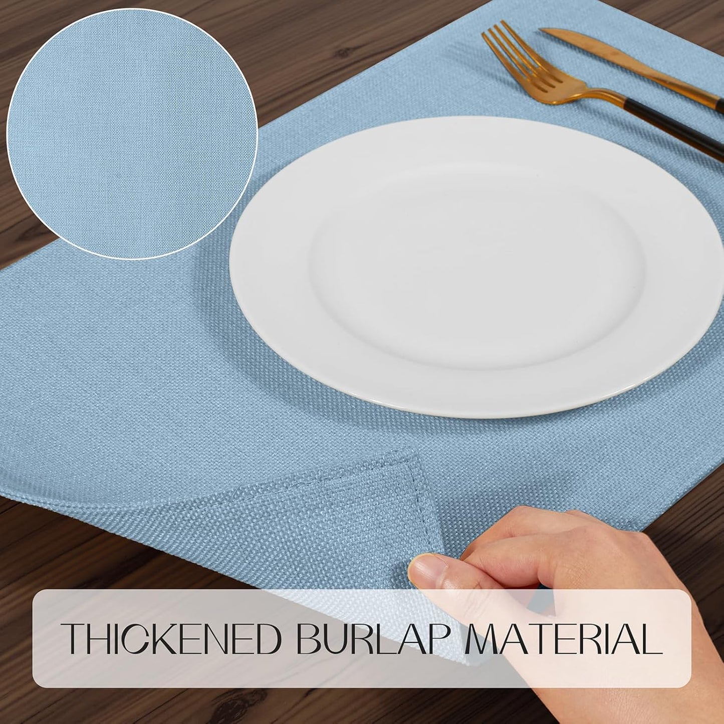 Romanstile Cloth Placemats Set of 6-12 x 18 Inch, Heat Resistant Double Layered Thickened Burlap Place Mats, Washable Faux Linen Farmhouse Table Mats for Kitchen/Dining/Party/Outdoor, Blue