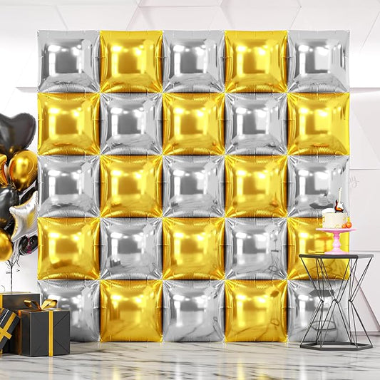 NISOCY 25PCS Metallic Silver Gold Square Foil Balloons Wall Backdrop Double Sided Chrome Gold Silver Balloons Arch Kit for Christmas New Year Anniversary Birthday Engagement Bridal Party Decorations