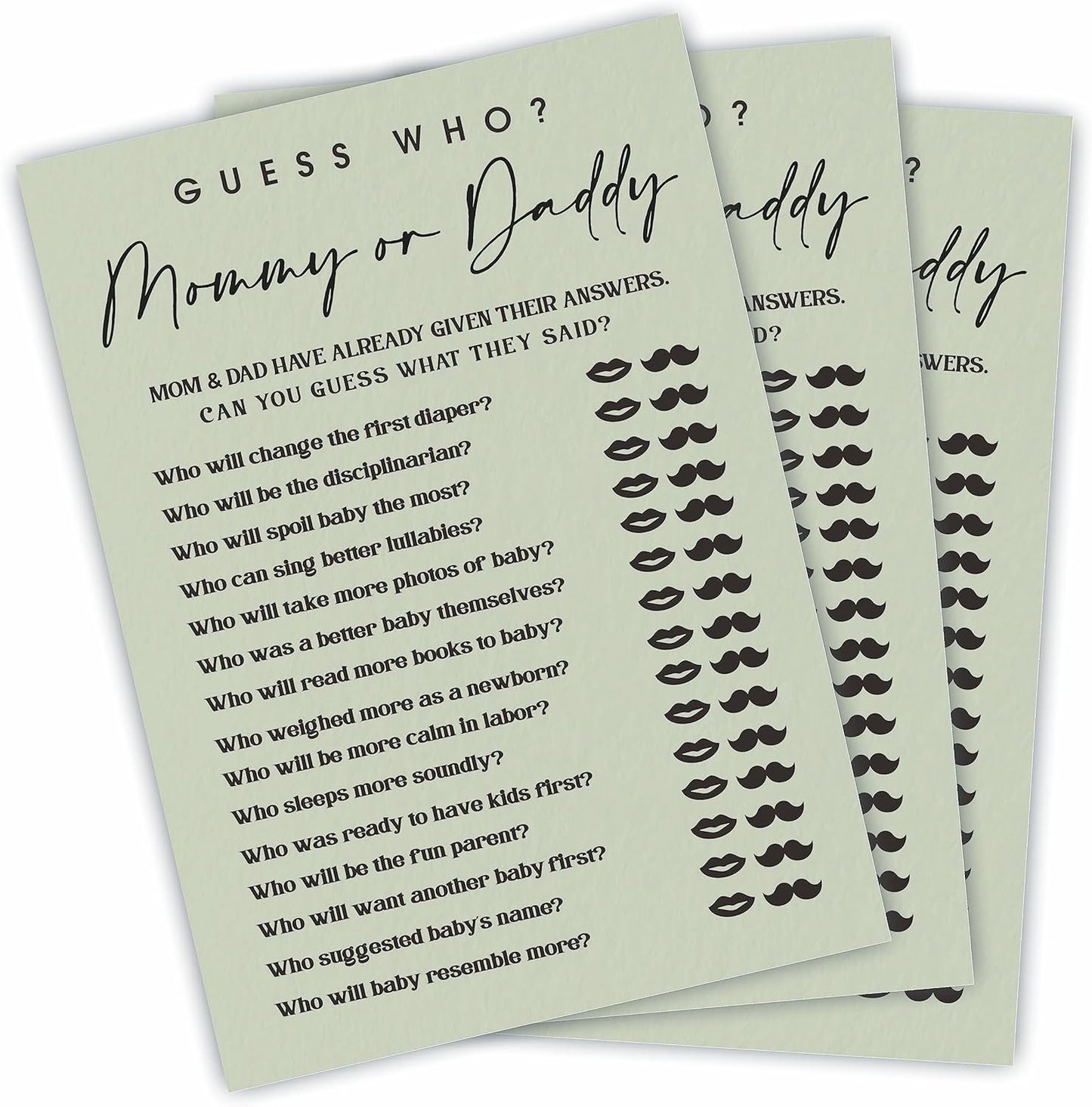 Guess Who? Game Cards For Baby Shower Game & Activity - 5"X7" Mommy Or Daddy Moss Green Double-Sided Fill In Style Game Cards, Gender Reveal Game - Baby Shower Party Favors (Pack Of 30)-B04