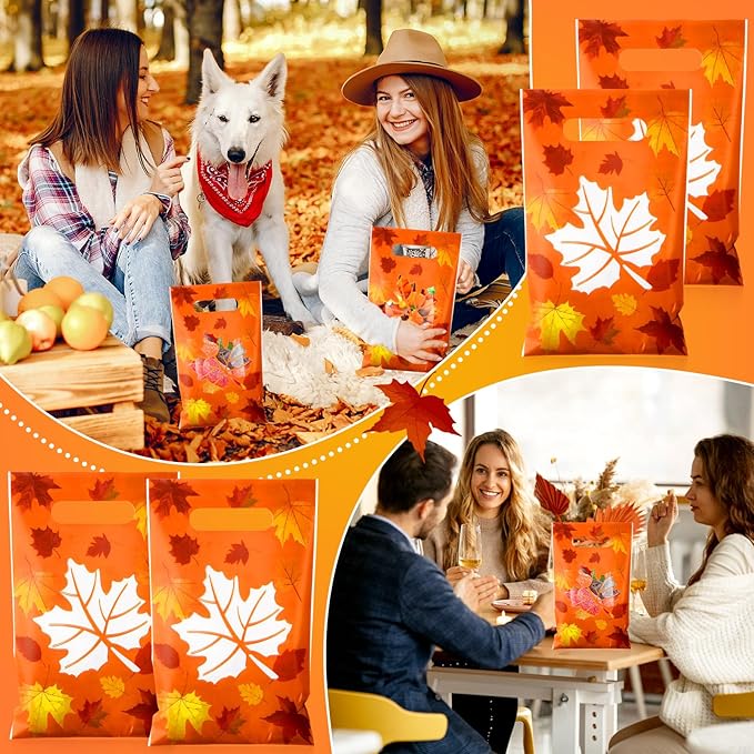 Supervitae 100 Pcs Thanksgiving Party Gift Bags Fall Maple Leaves Favor Bags Bulk with Handles for Snacks Goodie Candy Treat Thanksgiving Party Supplies