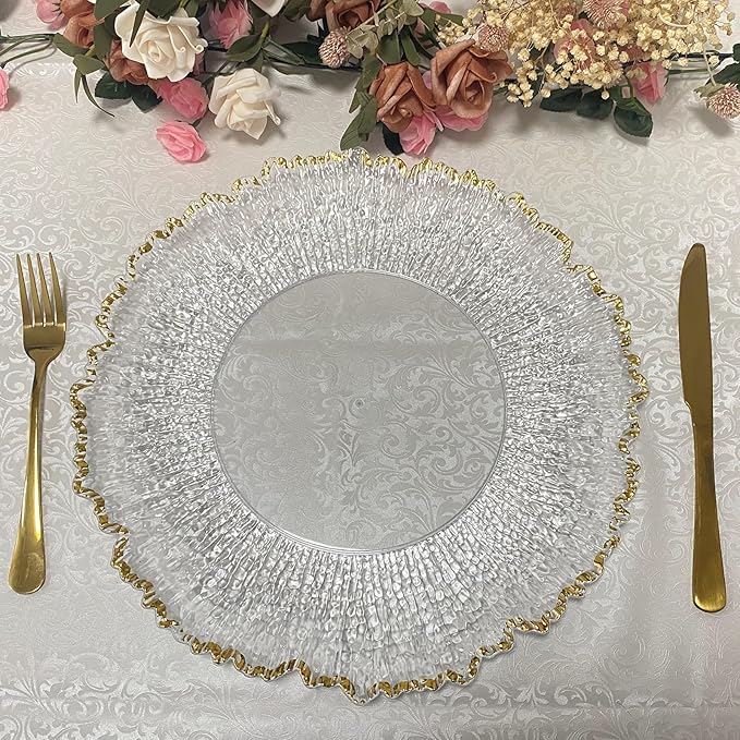 13inch Clear Acrylic Gold Rim Charger Plates,Set of 8, Gold Reef Textured Rim Charger Plates for Dinner,Wedding,Party,Event Decoration.