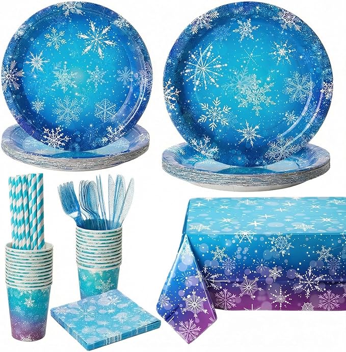 Winter Snowflake Paper Plates and Napkins Set, 194 Pcs Frozen Birthday Decorations Party Supplies, Winter Wonderland Disposable Tableware Includes Tablecloths, Banner, Cups and Cutlery, Serves 24