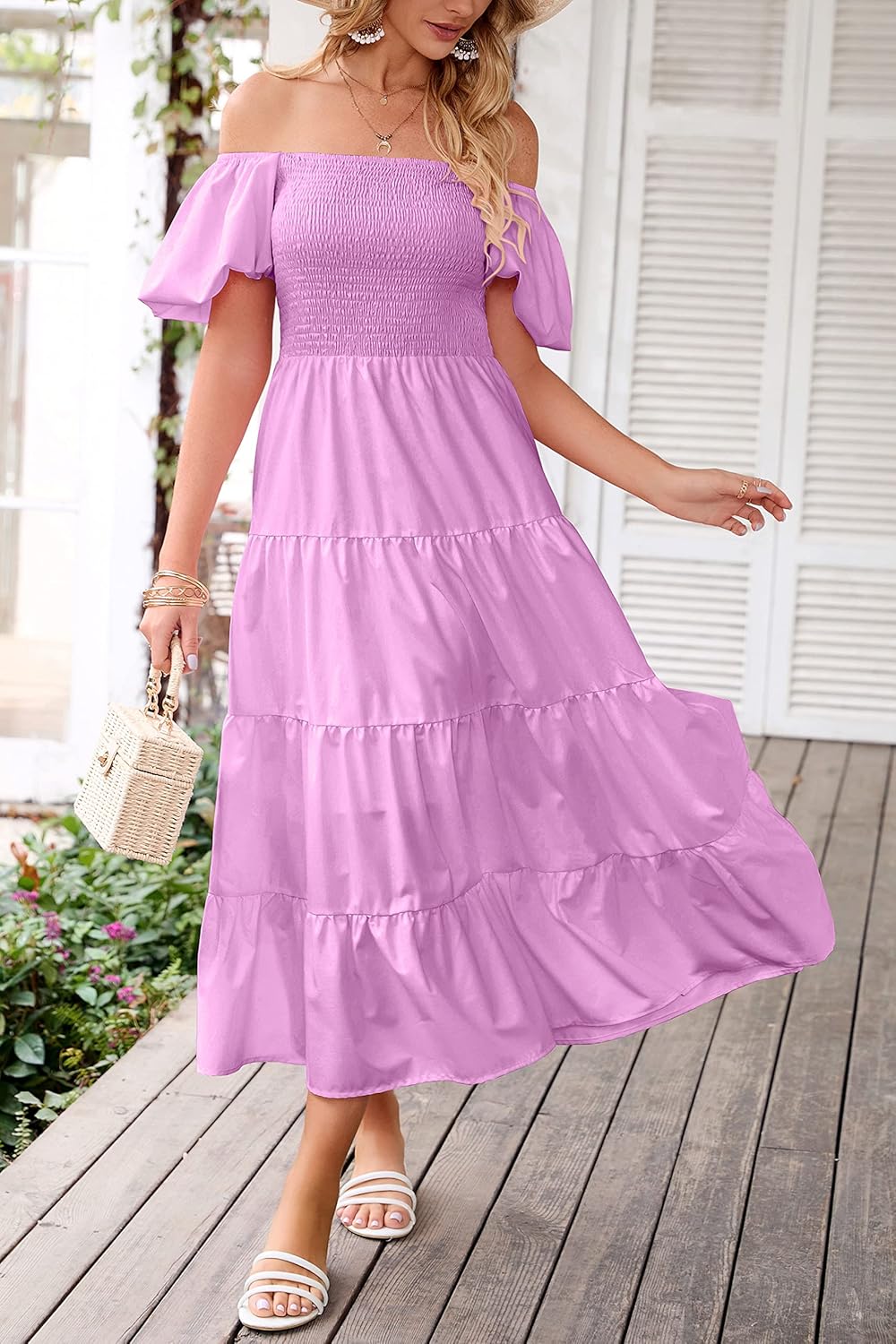 PRETTYGARDEN Women's Casual Summer Midi Dress Puffy Short Sleeve Square Neck Smocked Tiered Ruffle Dresses