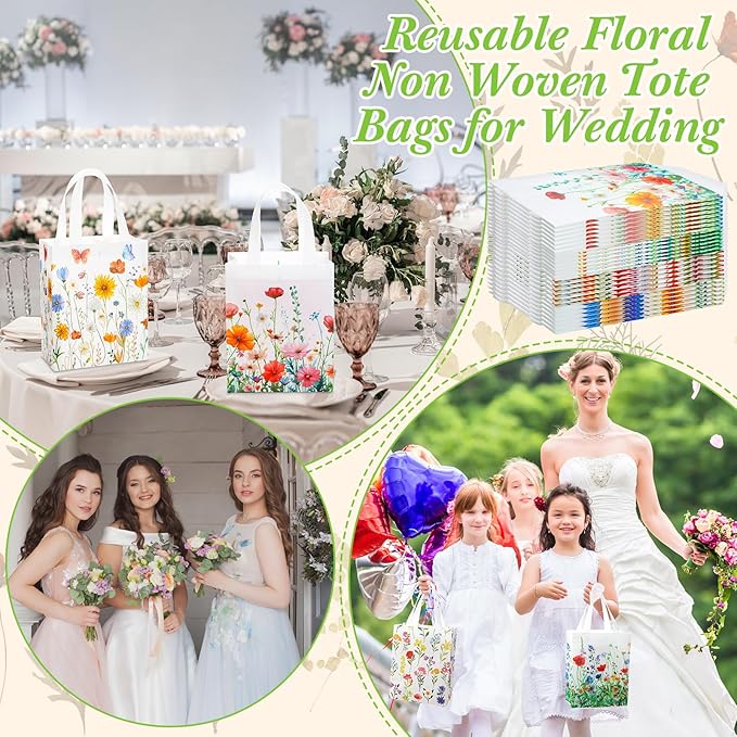 Wesnoy 24 Pcs Floral Gift Bags with Handle Wildflower Reusable Non Woven Tote Bags for Wedding Birthday Party Favor Supplies