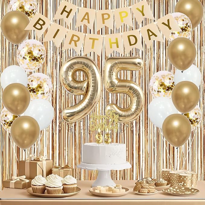 Trgowaul 95th Birthday Decorations for Women, Banner, Sash and Crown, Cake Topper, 95 Number Balloon, Fringe Curtains, Champagne Gold 95th Birthday Party Supplies