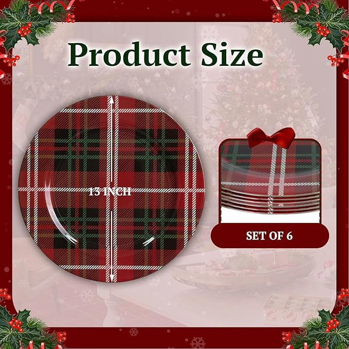 MAONAME Red Charger Plates Set of 6, 13 Inch Plastic Charger for Dinner Plates, Christmas Plate Chargers, Round Chargers for Table Setting, Wedding Decor
