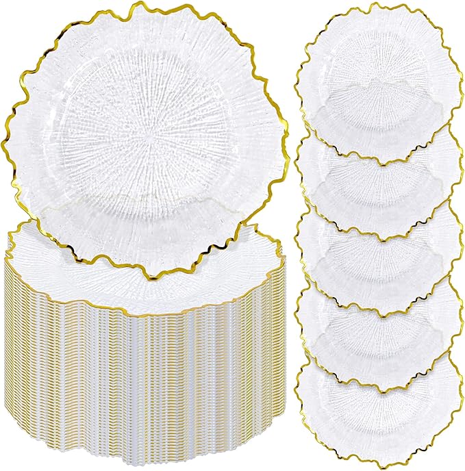 50Pcs Gold Charger Plates Round 13inch, Clear with Gold Rim, Reef Charger Plate for Dinner, Bulk Plastic Floral Table Charger Plates for Dinner Wedding Party Event