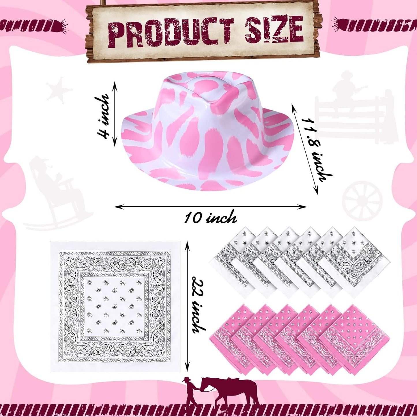 Haysandy 24 Pcs Cow Print Cowgirl Cowboy Hats Bulk with Bandana Felt Cow Party Hats for Women Men Western Costume Party(Pink)