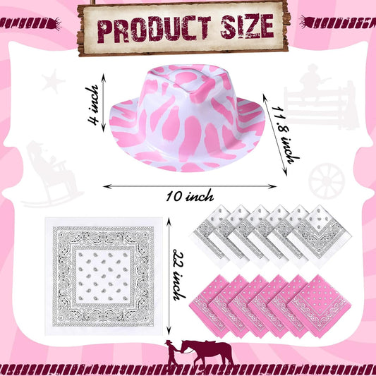 Haysandy 24 Pcs Cow Print Cowgirl Cowboy Hats Bulk with Bandana Felt Cow Party Hats for Women Men Western Costume Party(Pink)