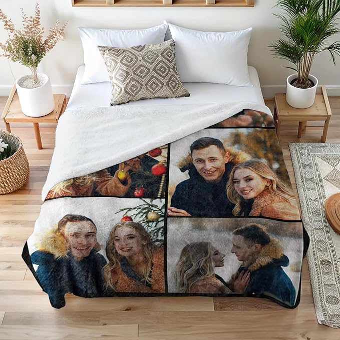 Ships Next Day Custom Blanket with Picture Text Personalized Throw Blanket Photo Collage Blankets Customized Valentines Day Gifts for Couple Girlfriend Boyfriend Her Him Wife Husband