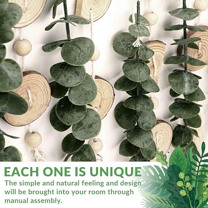 Boho Wall Decor Artificial Eucalyptus Bathroom Decor Fake Eucalyptus Plants Greenery Leaves with Wooden Bead Garland on Stick Rustic Farmhouse Home Decorations for Bedroom Living room Nursery Kitchen