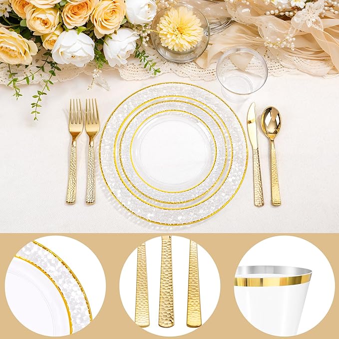 Ciaell 150PCS Clear Gold Plastic Plates - Disposable Gold Rim Plates include 25Dinner Plate, 25Dessert Plate, 25Forks, 25Knives, 25Spoons, 25Cups for Wedding & Party