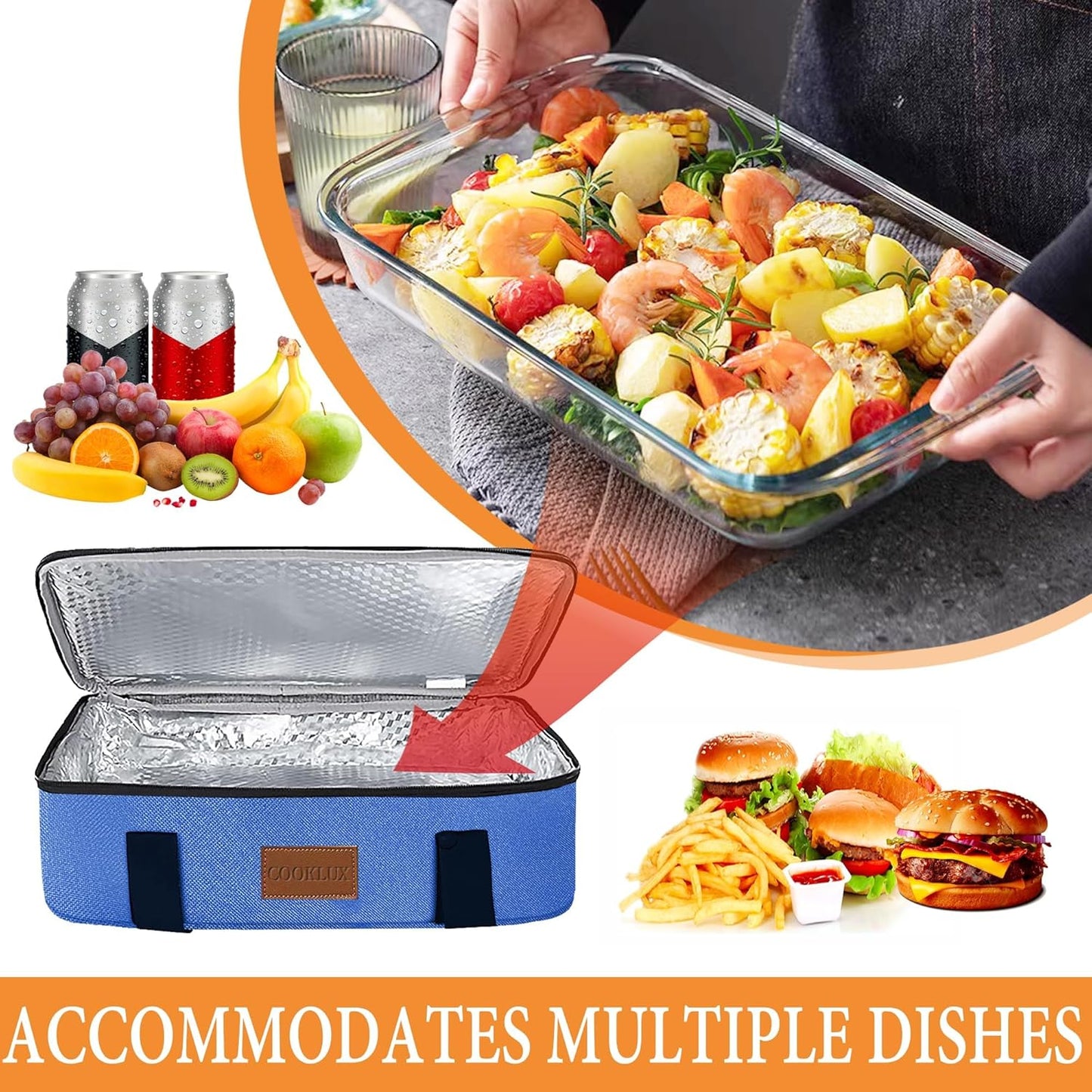 Insulated Casserole Carrier - Single Layer Design, Thermal Bag for Hot&Cold Food Transport, Fits 9x13 Casserole Dish, Leak-Proof, Durable Nylon, Zip Pockets,Navy Blue