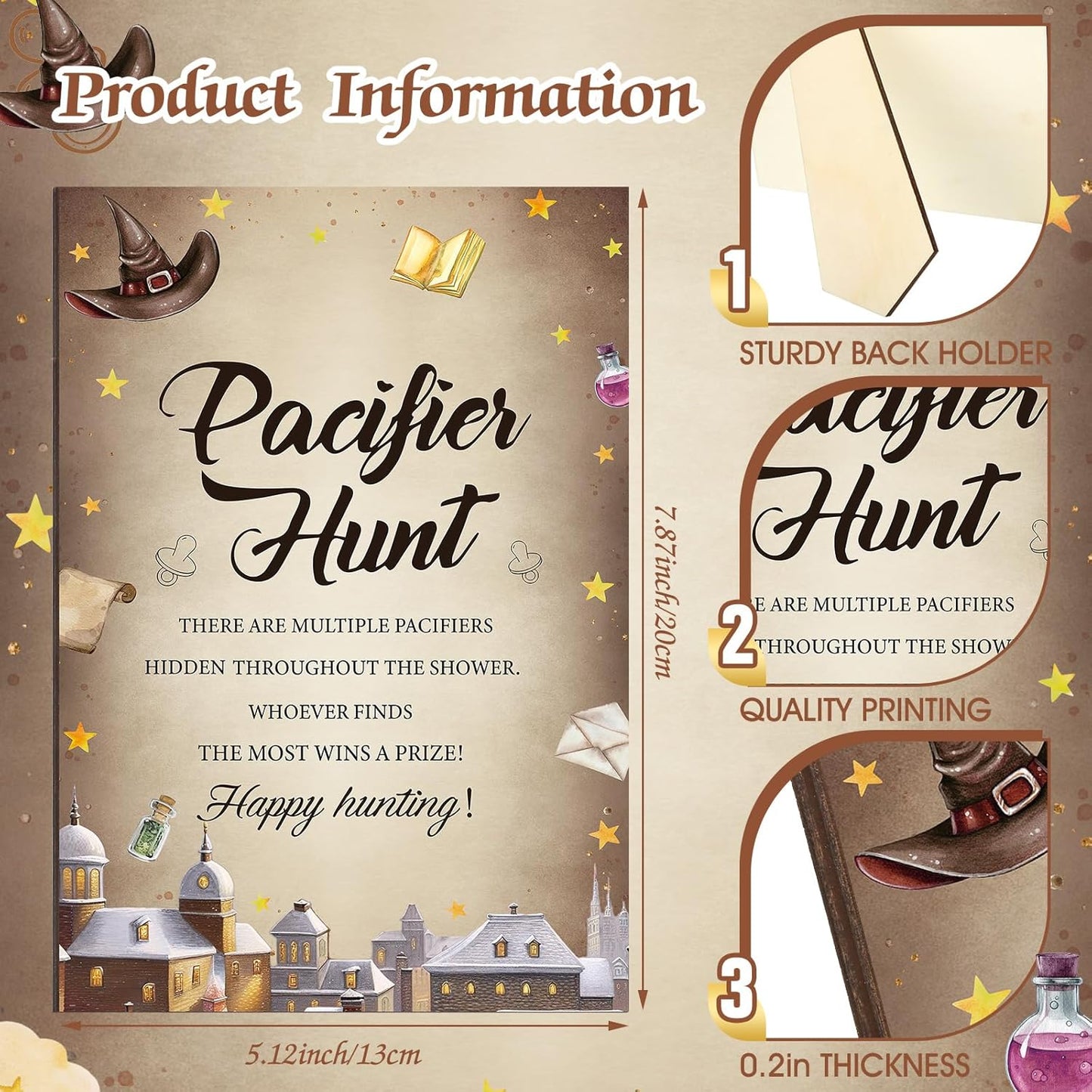 Thyle 51 Pcs Pacifier Hunt Baby Shower Games Include Hunt Sign and 50 Acrylic Pacifiers for Baby Shower Game Decoration Gift Sets Gender Reveal Party Decor(Magical Wizard)