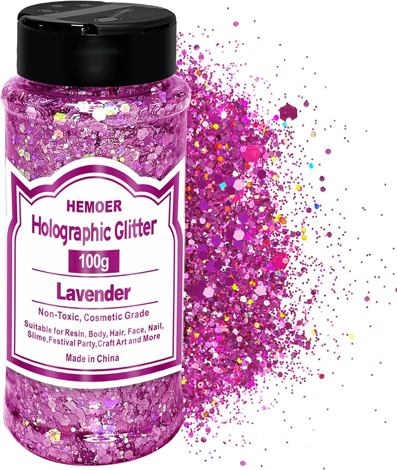 HEMOER 100g Holographic Glitter, Cosmetic Mixed Hexagon Chunky & Fine Craft Glitter Resin Sequins for Epoxy Glass, Resin Art, Body, Hair, Face, Nail, Slime, Tumblers, Festival Party - Lavender