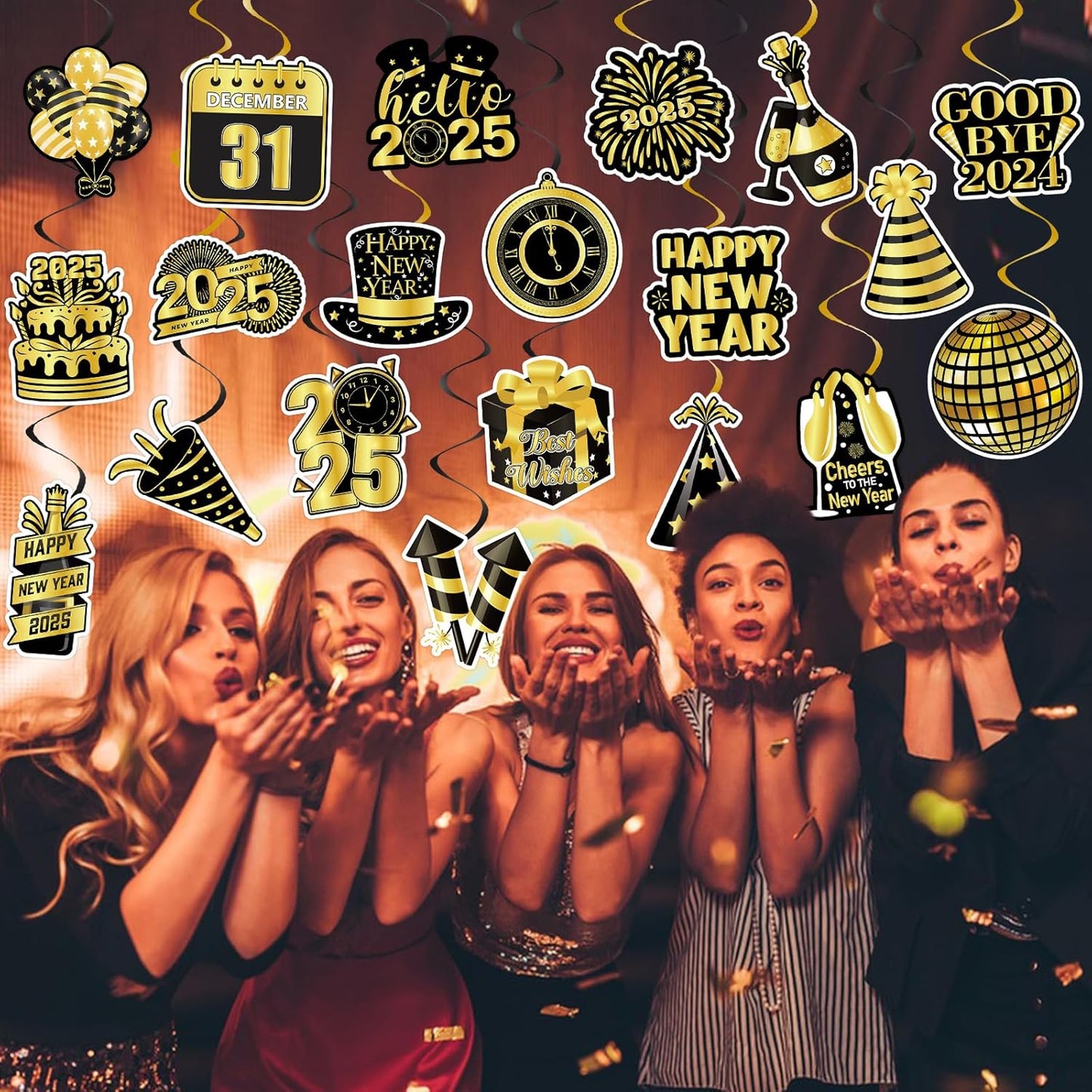 40Pcs Happy New Year Decorations Hanging Swirls, Black and Gold Happy New Year Hanging Swirls Ceiling Decor Happy New Year Hanging Decorations New Year's Eve Party Decorations Supplies 2025