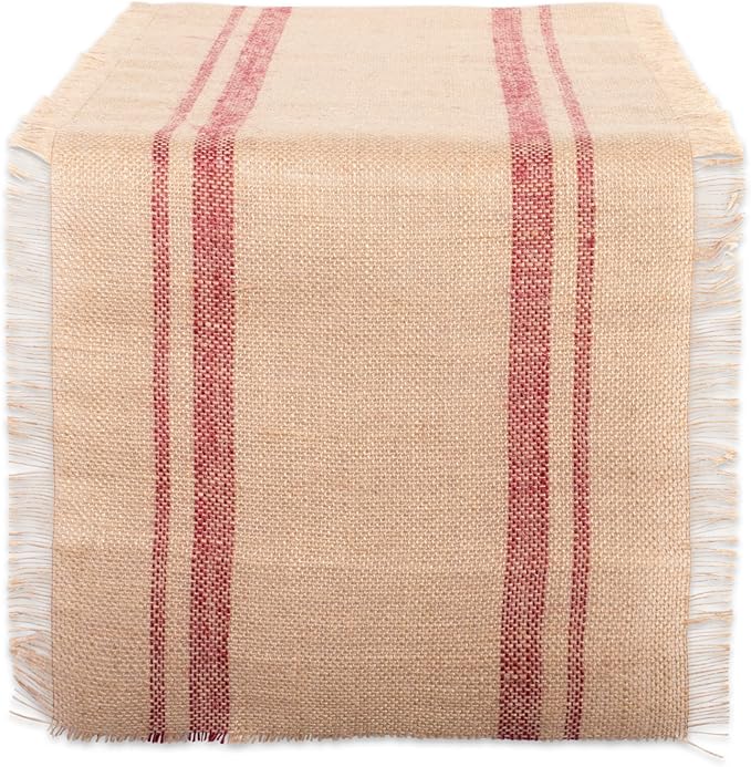 DII Jute Burlap Collection Kitchen Tabletop, Table Runner, 14x72, Double Border Barn Red