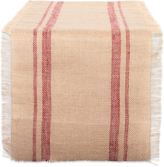 DII Jute Burlap Collection Kitchen Tabletop, Table Runner, 14x72, Double Border Barn Red