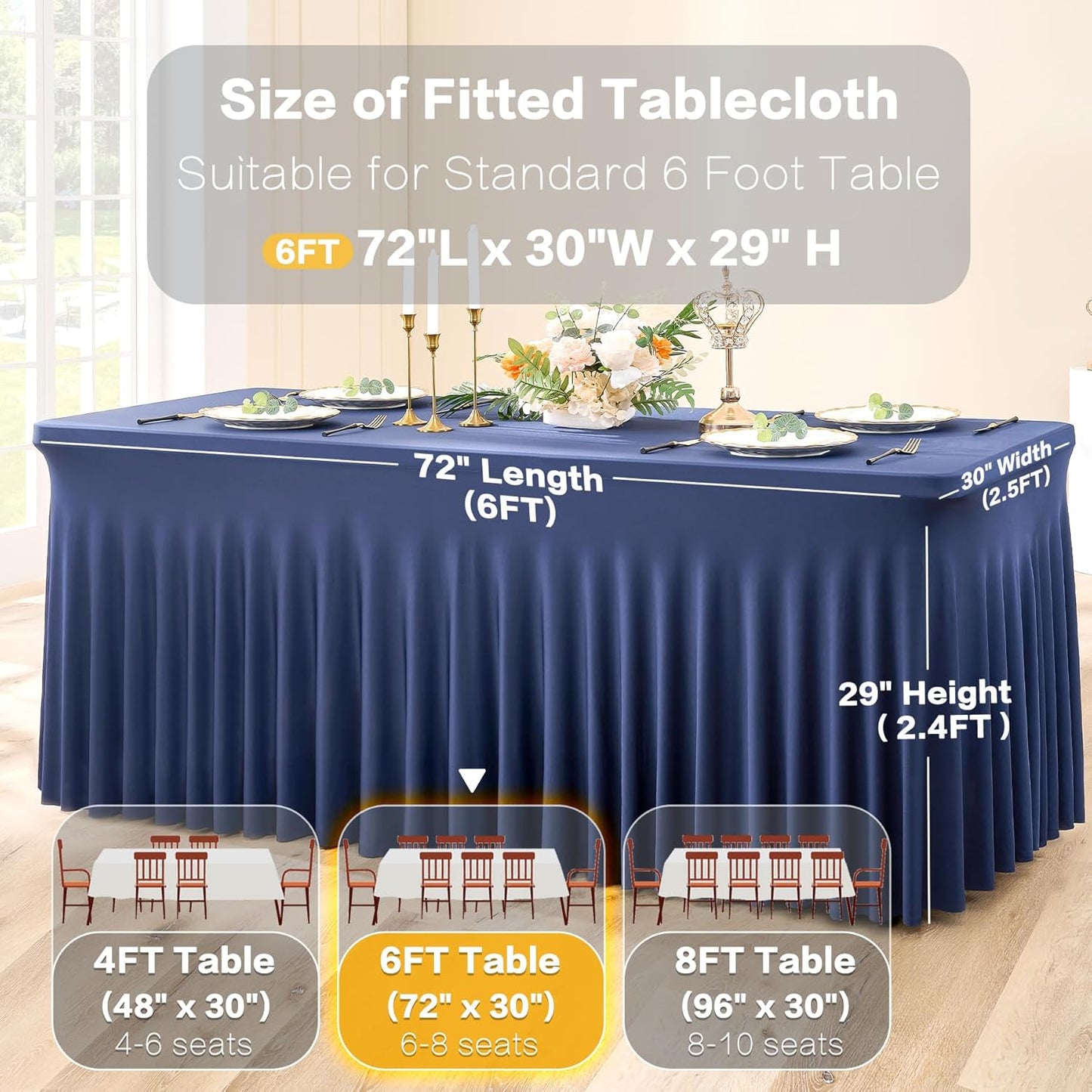 3 Packs Navy Blue Spandex Tablecloths for 6 Foot Rectangle Tables, Stretchy Fitted 6FT Blue Table Skirt for Wedding Party, Wrinkle Free Tablecloths for Banquet Wedding Birthday Party