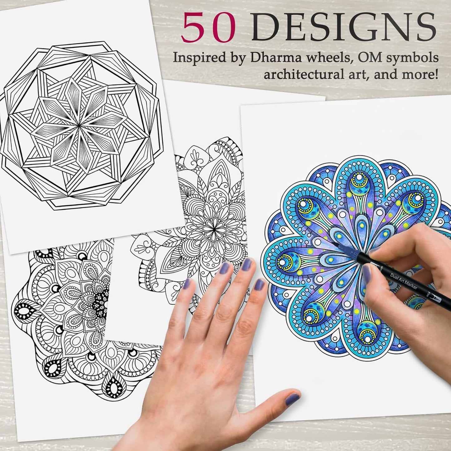 Mandala Coloring Book for Women Relaxation, 50 Patterns Spiral Bound Mindfulness Coloring Books for Adult with 36 Dual-tip Markers, Inspirational Gift for Women, Hardcover Adult Coloring Books Set
