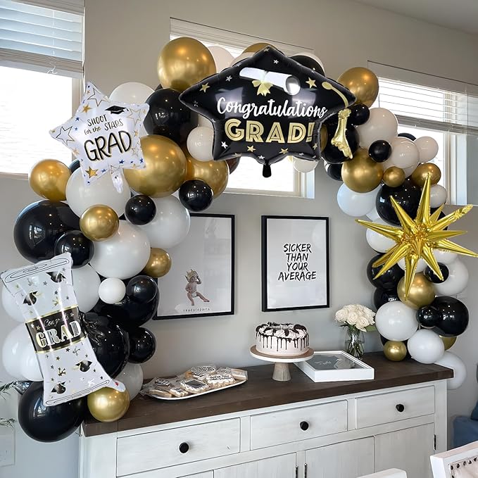 Graduation Balloon Arch Garland Kit 2026, Black Gold Confetti White Graduation Decorations with Foil Grad Cap Diploma Star Balloons for Congrats Class of 2026 Graduates Celebrations Party Decorations