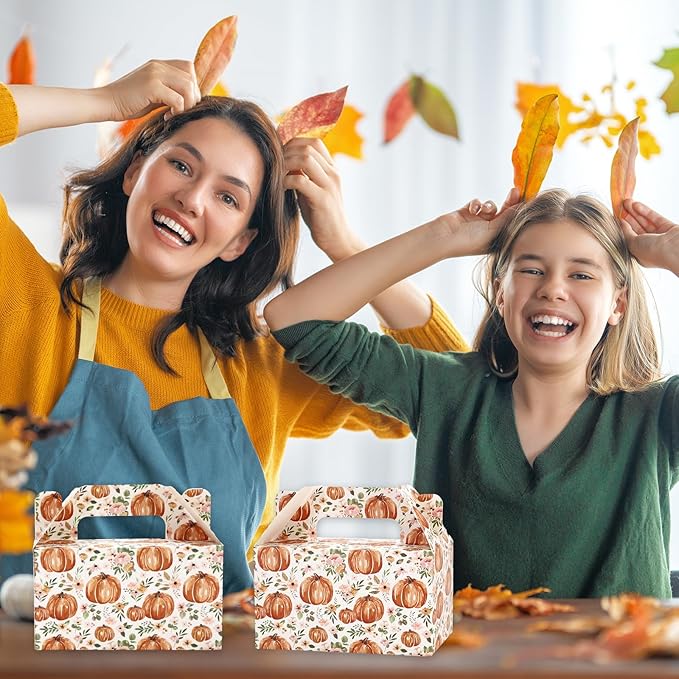 24Pcs Fall Pumpkin Treat Box with Handle Floral Pumpkin Goodie Candy Bags Autumn Cardboard Gift Box for Thanksgiving Cookie Candy Wedding Baby Shower Party Favors