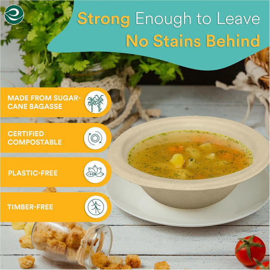 ECO SOUL 100% Compostable 12 Oz Soup Bowls [2 Packs of 100] Disposable Sturdy Bowls I Heavy Duty Paper Bowl I Eco-Friendly Salad Bowl I Biodegradable Small