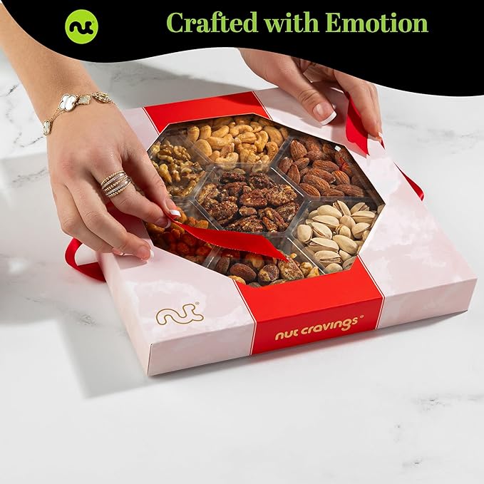 NUT CRAVINGS - Halloween Treats For Adults Mixed Nuts Gift Basket in Red Gold Box (7 Assortments, 1 LB) Holiday Xmas Christmas Food Arrangement, Healthy Snack Care Package, Food Assortments