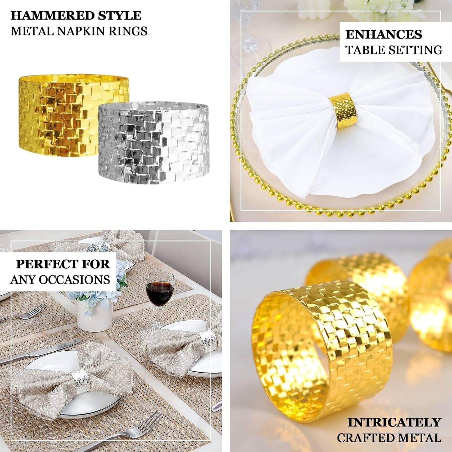 Efavormart 4 Pack | Shiny Gold Basket Weave Napkin Rings, Metallic Napkin Holders