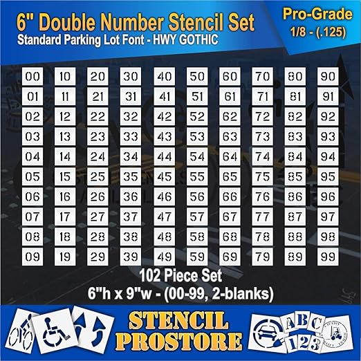 Pavement, Curb, and WheelStop Stencils - 6 inch Double Number Stencil Set - (00-99) - (102 Piece) - 6" x 9" x 1/8" (128 mil) - Pro-Grade