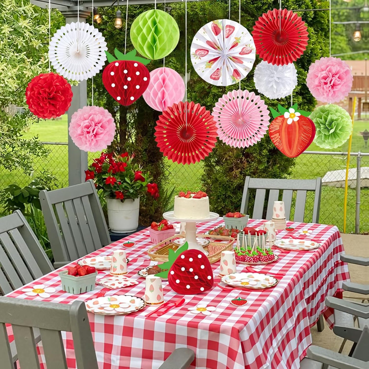Strawberry Paper Fans, Strawberry Party Decorations, Berry First Birthday Decor, Pink Red White Green Tissue Paper Pom Poms Honeycomb for Birthday Girl Baby Shower Room Classroom
