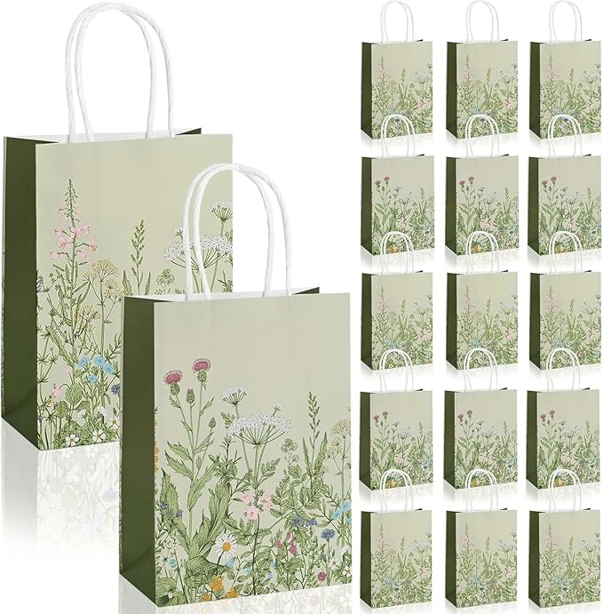 Bolsome 24Pcs Vintage Wildflower Paper Gift Bags Retro Floral Party Favor Bags with Handles Herb Goodie Candy Treat Bags for Wedding Birthday Baby Shower Party Supplies
