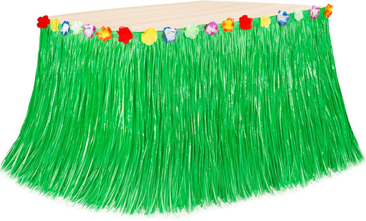 Hawaiian Party Table Decorations, 1PCS Green Luau Party Table Skirt Decorations, 108 X 29.5" Grass Skirts Luau Party Favors, Luau Table Skirt for Summer Tropical Hula Parties Decor Accessories