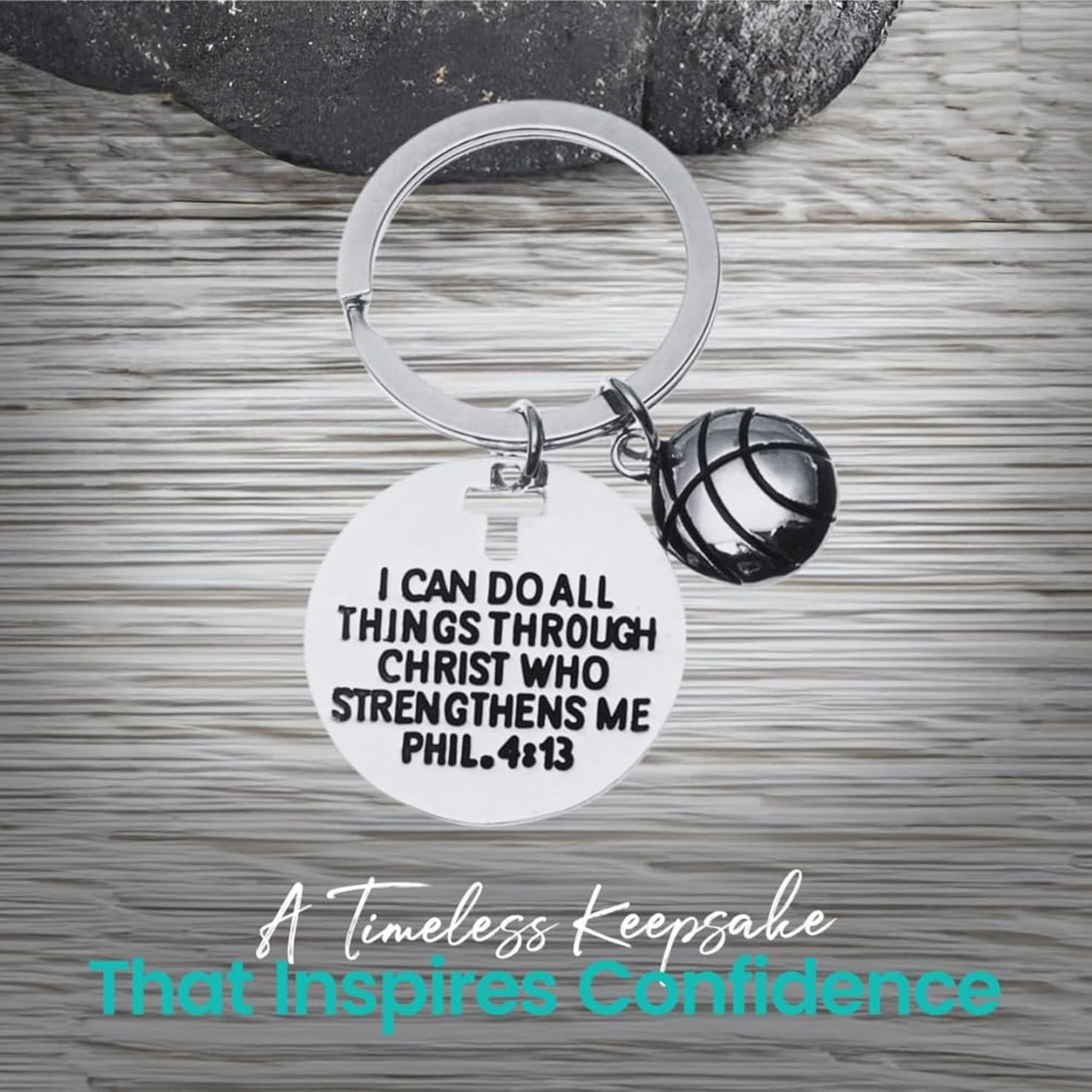 SportyBella Basketball Keychain I Can Do All Things Through Christ Phil 4:13 Engraved Faith Charm Gift for Basketball Players Fans