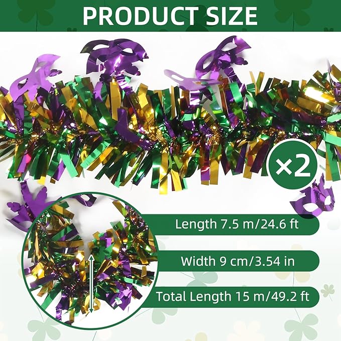 50 Feet Mardi Gras Tinsel Gold Green Purple Christmas Tree Tinsel Garland Metallic Twisted Hanging Garland for Mardi Gras Oktoberfest Birthday Party Decoration, B
