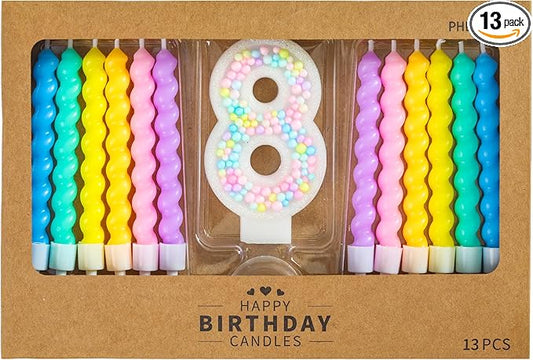 PHD CAKE Number 8 Birthday Candle Macaron Glitter Number Candle with Rainbow Spiral Candles in Holders for Cake Topper, Pastel Sweet Theme Party Decoration