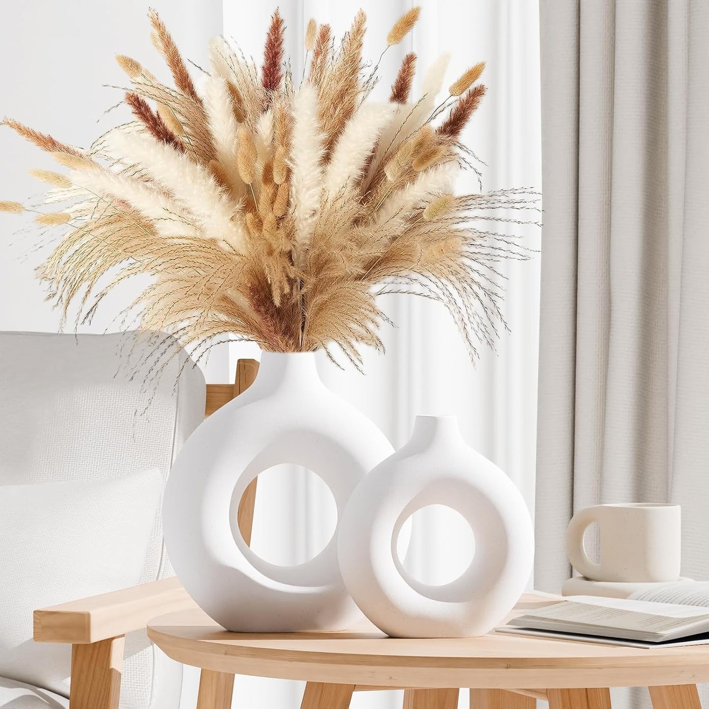 White Ceramic Vases for Decor, Home Decor Ceramic Vase Set of 2, Nordic Room Decorations Vases, Minimalist Decorative Vase for Table Centerpiece Wedding Dining Living Room Office House Decoration