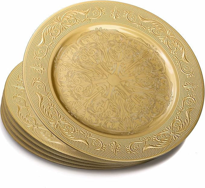 12 Pack Gold Charger Plates, 13 Inch Gold Round Chargers for Dinner Plates, Decorative Dinner Chargers, Antique Plastic Table Charger and Service Plates for Wedding Holiday Party