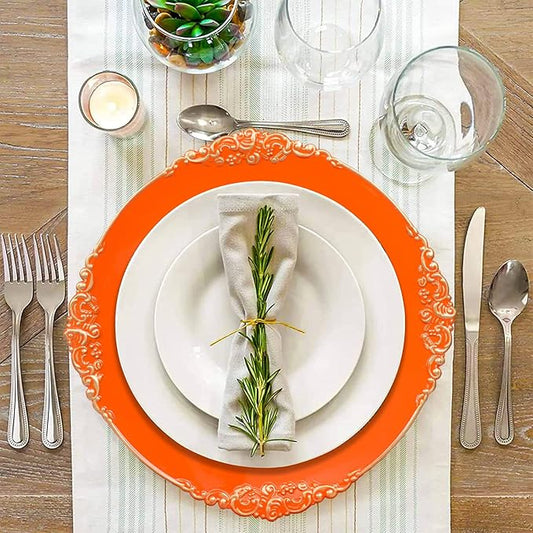 MAONAME Orange Charger Plates with Gold Rim, Round Antique Plate Chargers for Dinner Plates, 13" Plastic Charger for Wedding Table Setting, Set of 6