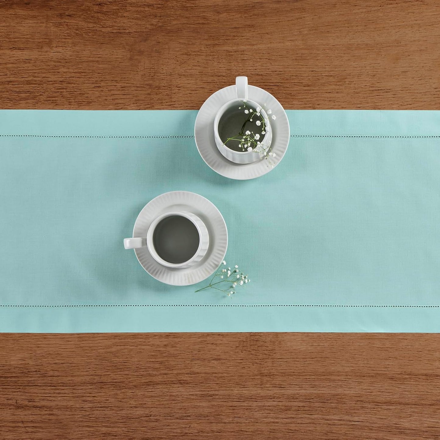 Solino Home Cotton Linen Table Runner 90 Inches Long - Hemstitch Pastel Turquoise Dining Table Runner 14 x 90 Inch